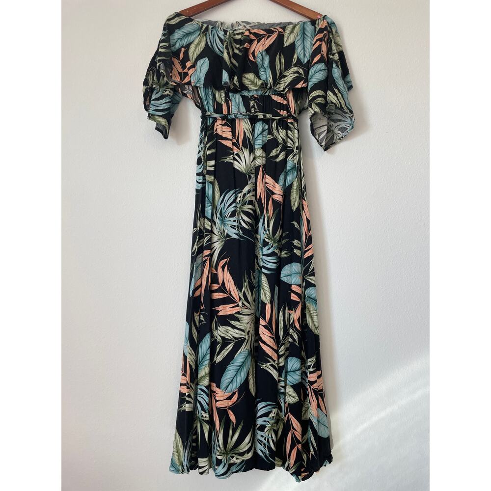 MEGHAN LOS ANGELES Black Tropical Print Off Shoulder Maxi Dress - Picture 4 of 6